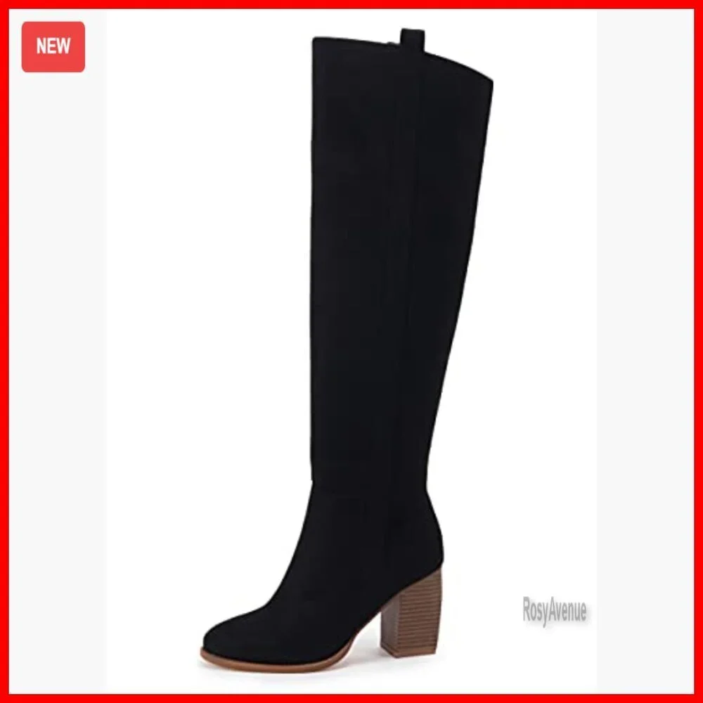 Faux Suede Over The Knee Boots Pointed Toe Chunky Block Heel Side Zipper